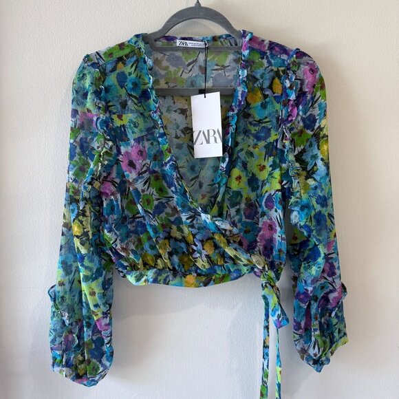 Zara Size XS Floral Print Sheer Faux Wrap Top Long Sleeves Ruffle Trim - Picture 3 of 7